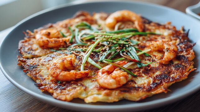 Korean food haemul pajeon seafood pancake Korean cuisine crispy scallion pancake shrimp squid golden texture minimal composition top view soft light