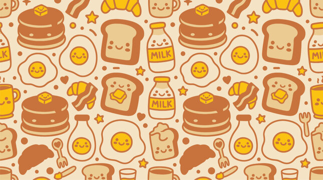 Seamless Pattern with Cute Breakfast Food Items Pancakes Eggs Milk and Toast