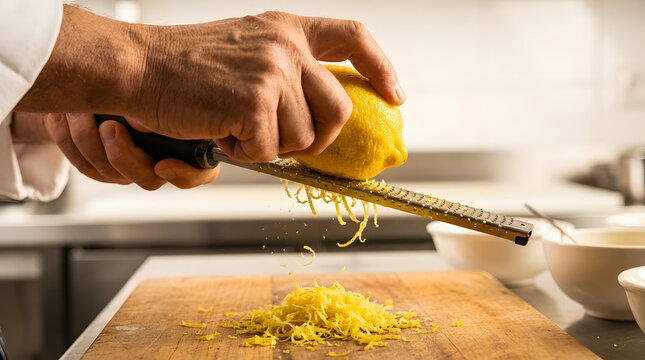 Professional chef hands zesting fresh lemon | Stainless steel microplane zester with citrus peel | Culinary techniques for zesting organic lemons | Close up of lemon zest on wooden cutting board