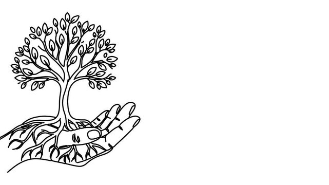 Animation of line drawing of tree growing from a hand symbolizing sustainability and environmental rights.
