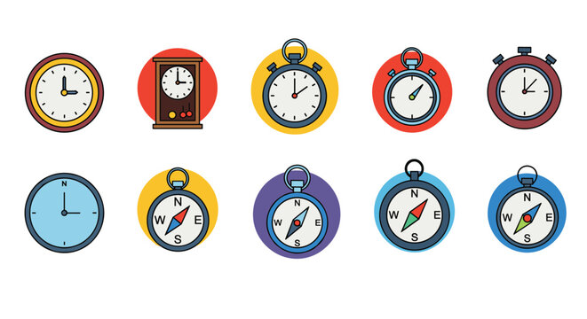 Diverse collection of time and navigation icons features various wall clocks, stopwatches, and colorful magnetic compasses.