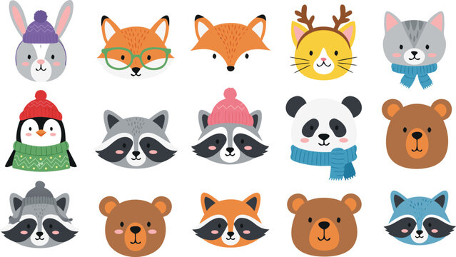 Cute woodland animal face cartoon vector illustration set featuring fox raccoon bunny panda bear penguin and cat winter characters