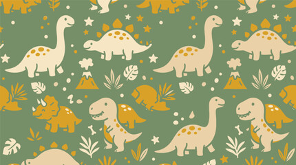 Seamless Pattern with Cute Cartoon Dinosaurs and Volcanoes for Kids © Robich Art