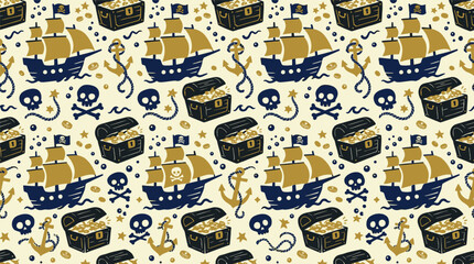 Seamless Pirate Pattern with Treasure Chests and Sailing Ships © Robich Art