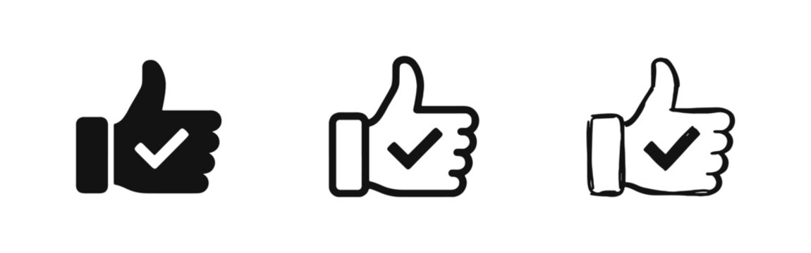 Quality Approval Icons Set Featuring Thumbs Up with Checkmark for Successful Confirmation