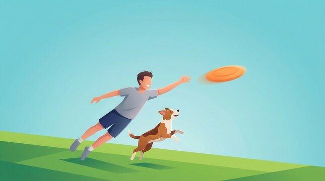 Man throwing frisbee with dog running across green hill under clear sky