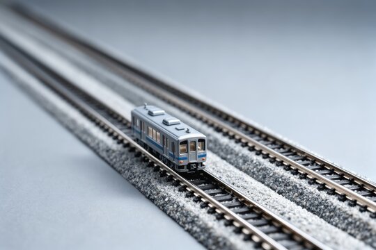 Model train on parallel tracks with minimalist grey background and depth