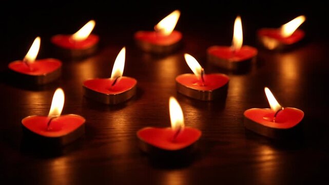 Multiple red heart-shaped tealight candles filmed with shallow depth of field, creating soft golden bokeh circles against dark background, camera slowly shifts focus revealing warm glowing light.