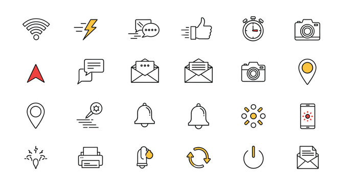 Large collection of clean colored line icons representing common mobile app functions like mail, camera, and maps for user interface.