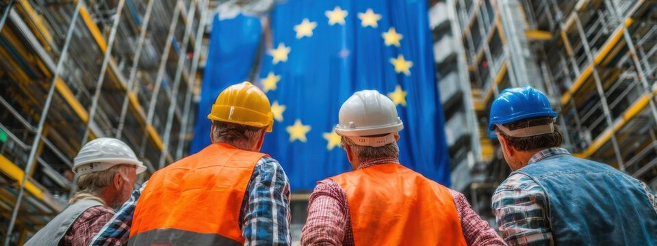 Workers view large European Union flag in warehouse during project setup in industrial location