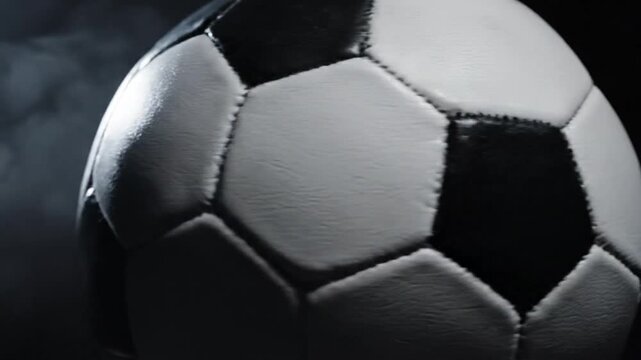 Close-up of a traditional black and white soccer ball with stitching details, featuring dramatic side lighting and atmospheric smoke clouds on a solid black background.