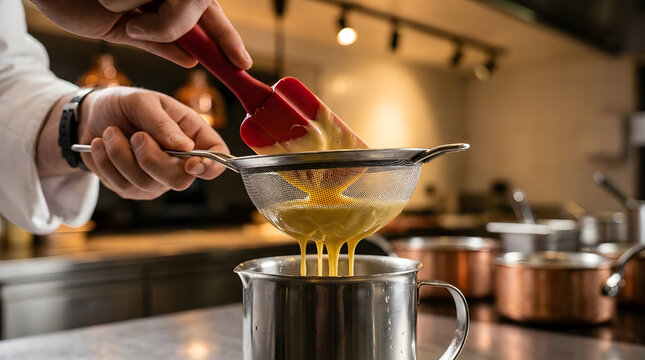 Chef straining hollandaise sauce through a sieve | Culinary preparation in a commercial kitchen | Hands using a spatula to filter yellow sauce | Fine mesh strainer technique for smooth texture