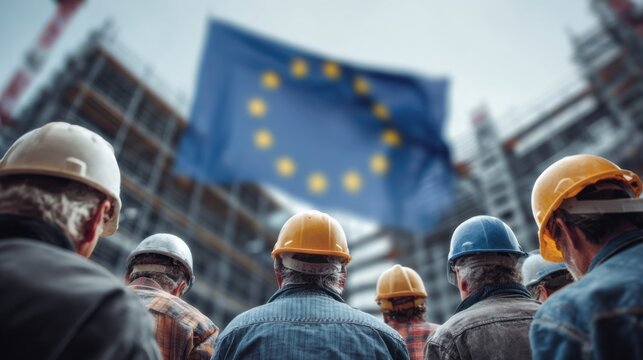 Workers gather at a construction site with a European Union flag waving in the background during a sunny afternoon
