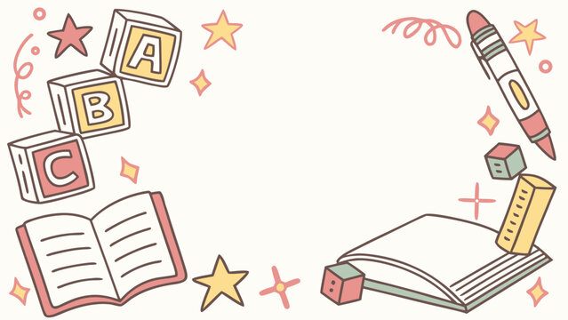 Educational background with doodle elements featuring abc blocks books and stationery on a light cream background