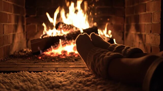 Person wearing thick chunky knit wool socks and leg warmers resting feet on a rug near a warm brick fireplace with roaring orange flames and glowing embers in a home setting.