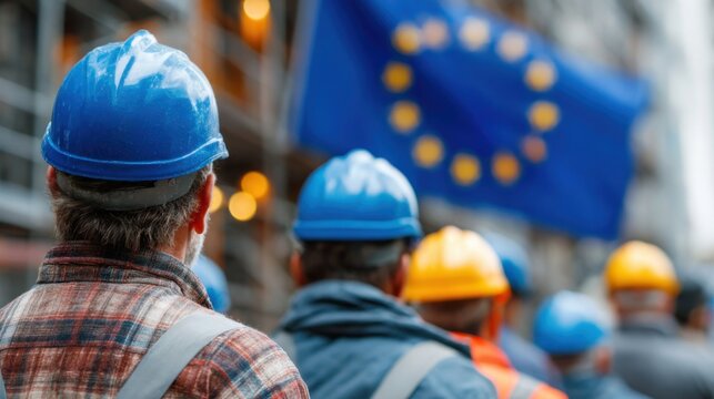 Workers in hard hats gather in front of a European Union flag at a construction site on a busy day