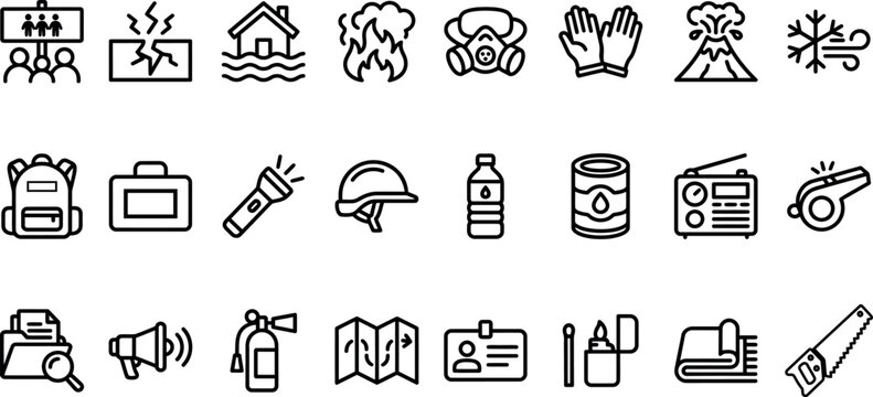 Emergency and disaster preparedness icons set. Contain icons related to earthquake, flood, backpack, first aid kit and more. Editable stroke. Vector illustration