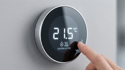 Fototapeta premium Digital thermostat showing 21.5°C, heating active