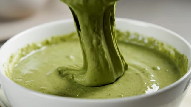 Close-up of a person's hand using a silver metal spoon to scoop a thick, creamy green sauce or vegetable puree from a white ceramic bowl, highlighting texture and consistency.