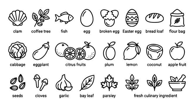 Food line icon set with fruits vegetables eggs fish and ingredient vector illustrations
