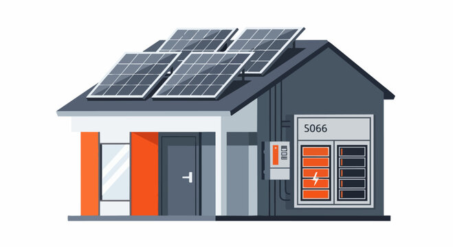 2D Flat Illustration of a Sustainable Modern Home with Rooftop Solar Panels and an Energy Storage Battery Unit