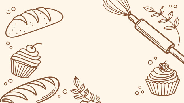 Bakery and cooking tools pattern background with bread and cupcakes