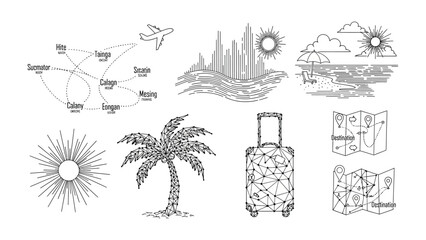 Travel Collection: A curated collection of graphic elements representing travel, including a world map with flight routes, a cityscape, a beach scene, a palm tree, a suitcase, a sunburst. © Hossain