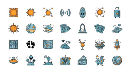 Space Travel Icons: A collection of whimsical icons representing space exploration, including planets, rockets, UFOs, aliens, and travel-related elements. © Hossain