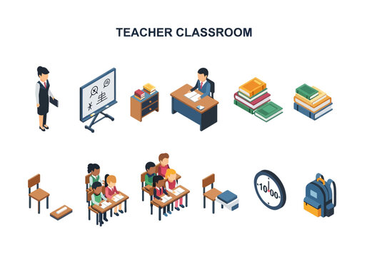 Isometric vector illustrations depicting a classroom scene with a teacher, students, desks, chairs, books, and a clock, perfect for educational and business presentations