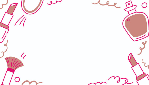 Beauty and fashion makeup flat lay frame with cosmetic products and curly lines design on white background