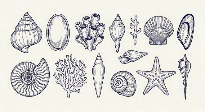 Vintage hand drawn sea shell collection featuring starfish coral and ammonite sketches in blue ink starfish ammonite underwater collection illustration nautical seashell biological decorative