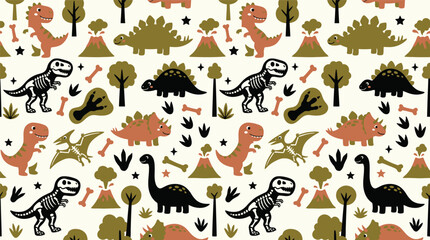 Seamless pattern with cute cartoon dinosaurs, fossil skeletons, and volcanoes on a light background © Robich Art