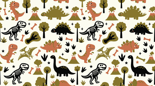 Seamless pattern with cute cartoon dinosaurs, fossil skeletons, and volcanoes on a light background