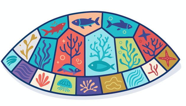 Turtle Shell Mosaic Design with Sea Life Marine Flat Vector Art