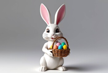 Fototapeta premium Cute white rabbit figurine holding a basket filled with colorful Easter eggs