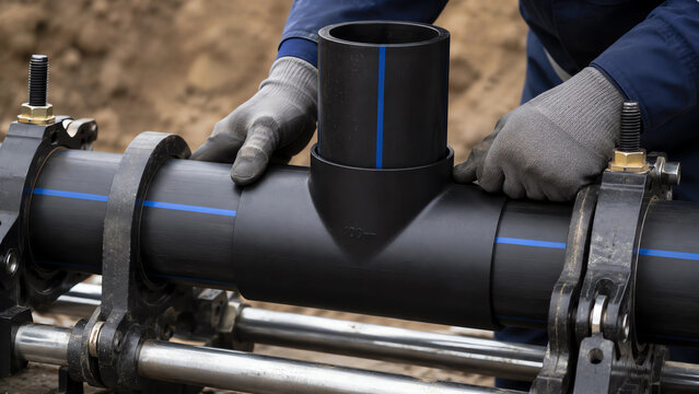 Close Up HDPE Tee 100 mm Installation Process on Industrial Pipeline
