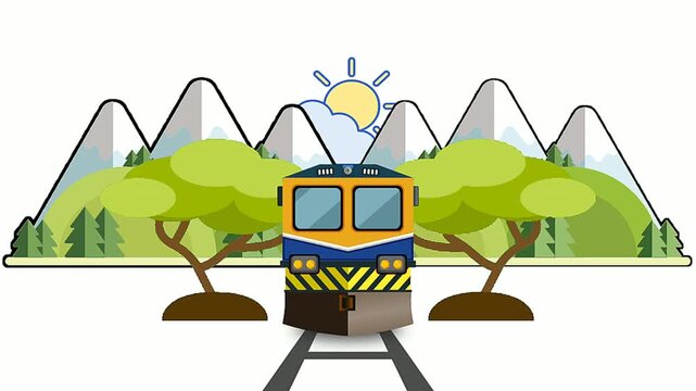 Journey through stunning landscapes A vibrant illustration of a train traveling on tracks amidst majestic mountains, lush trees, and a bright sun, symbolizing adventure and exploration