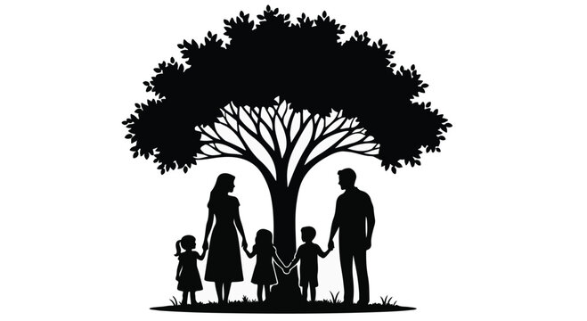Family silhouette standing under a large tree represents the core values of unity and protection.