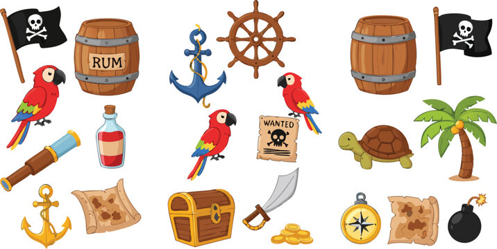 Pirate adventure cartoon vector illustration set featuring treasure chest parrot anchor rum barrel map and nautical pirate elements