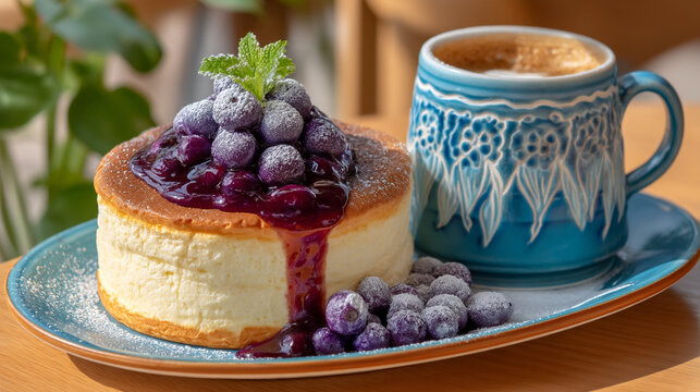 Fluffy pancake stack with blueberries and coffee whipped cream powdered sugar blueberry