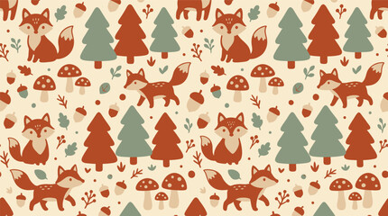 Seamless Forest Pattern with Cute Cartoon Foxes, Pine Trees, and Mushrooms © Robich Art