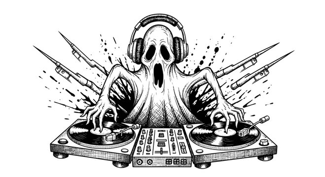 Spooky Ghost DJ Playing Music on Turntables.