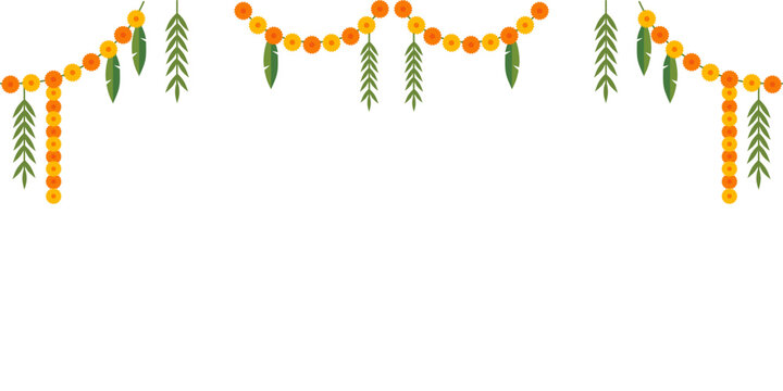 Indian flower garland with marigold and leaf hanging decor. Traditional floral string for festival decoration. Decorative border element for wedding and cultural celebration event.