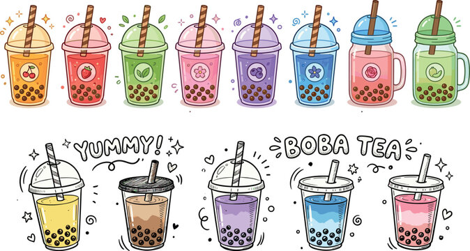 Cute Bubble Tea Collection with Colorful Boba Drinks, Sweet Milk Tea Illustrations, Cafe Beverage Designs, and Trendy Vector Sticker Set