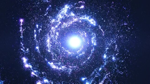 Swirling vortex of cosmic dust and nebulae in shades of deep blue and vibrant purple with bright white light emanating from the center creating a tunnel effect Keywords: vortex, cosmic, space