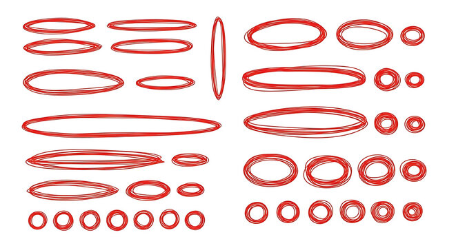 Collection of red hand drawn circles and ovals in various sizes and thicknesses for highlighting text or adding decorative elements with highlight collection decoration