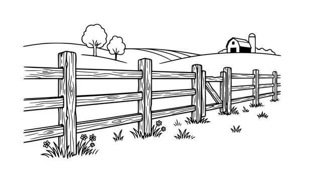 Wooden farm fence rural landscape vector illustration black and white