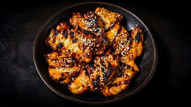 Korean food grilled chicken Korean cuisine marinated chicken charred texture sesame seed simple dish minimal dark background