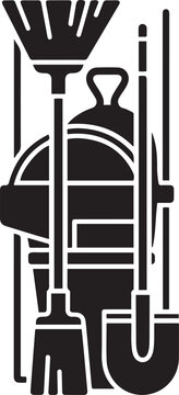 Broom, bucket, handle, brush, shovel, packed into the broom cupboard. Black icon silhouette vector