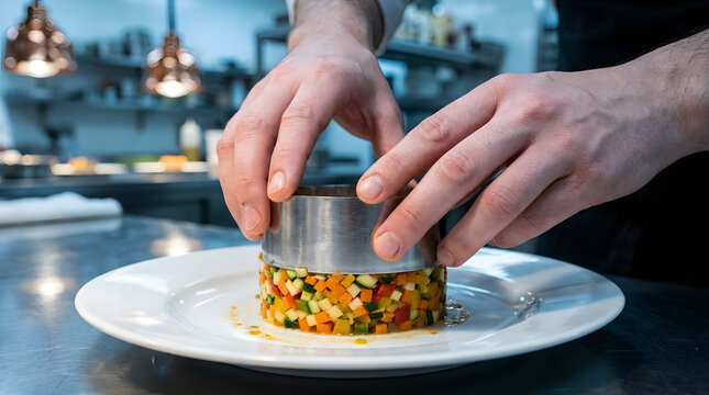 professional chef plating vegetable tartare | hands using metal ring mold for food presentation | fine dining culinary arts kitchen scene | gourmet appetizer preparation with diced vegetables